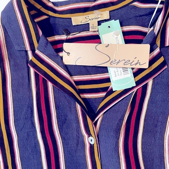 NWT Serein Large Navy Striped Blouse Button Front - Picture 5 of 7